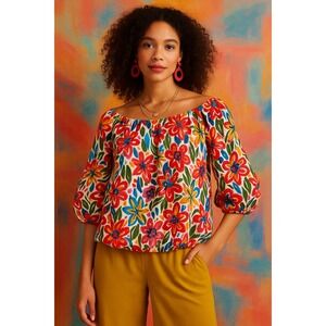 Artistic‎ Maximalist Linen Blend Floral Peasant Top Puff Sleeve Boho Blouse S